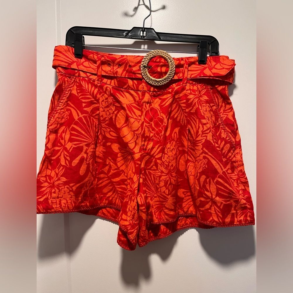 Nicole Miller Women's 4" Belted High Rise Short Size 8 100% Linen Floral Red $59